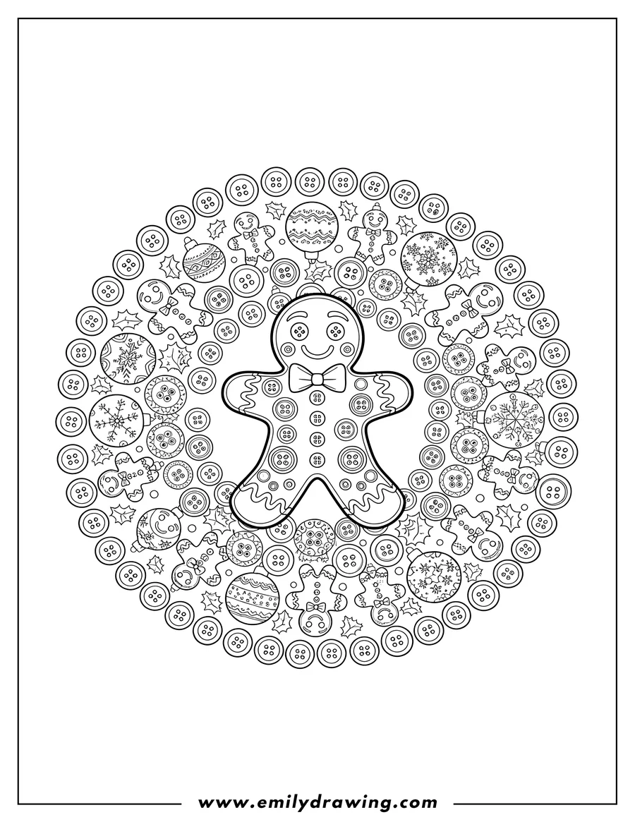 Clean line drawing: full Christmas mandala with smiling gingerbread men and button details