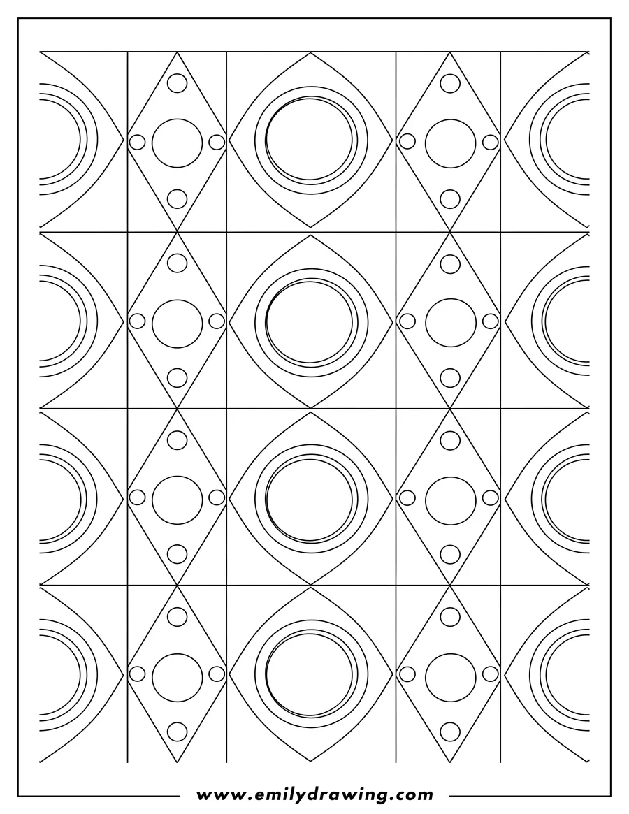 Coloring page of full Circles And Triangles Geometric Pattern arranged in square tiles with small inner circles