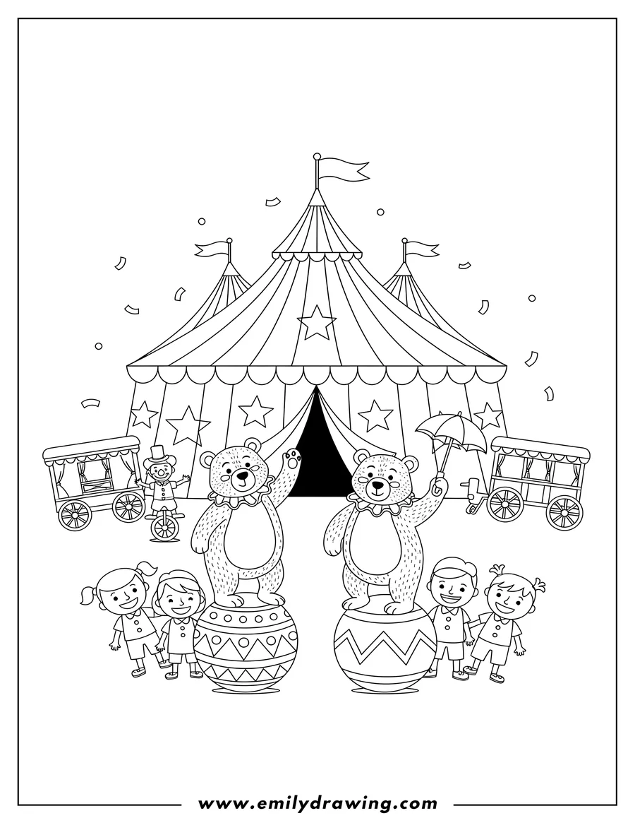 Simple sketch of full Circus Poster with two performing bears and a big top tent to color