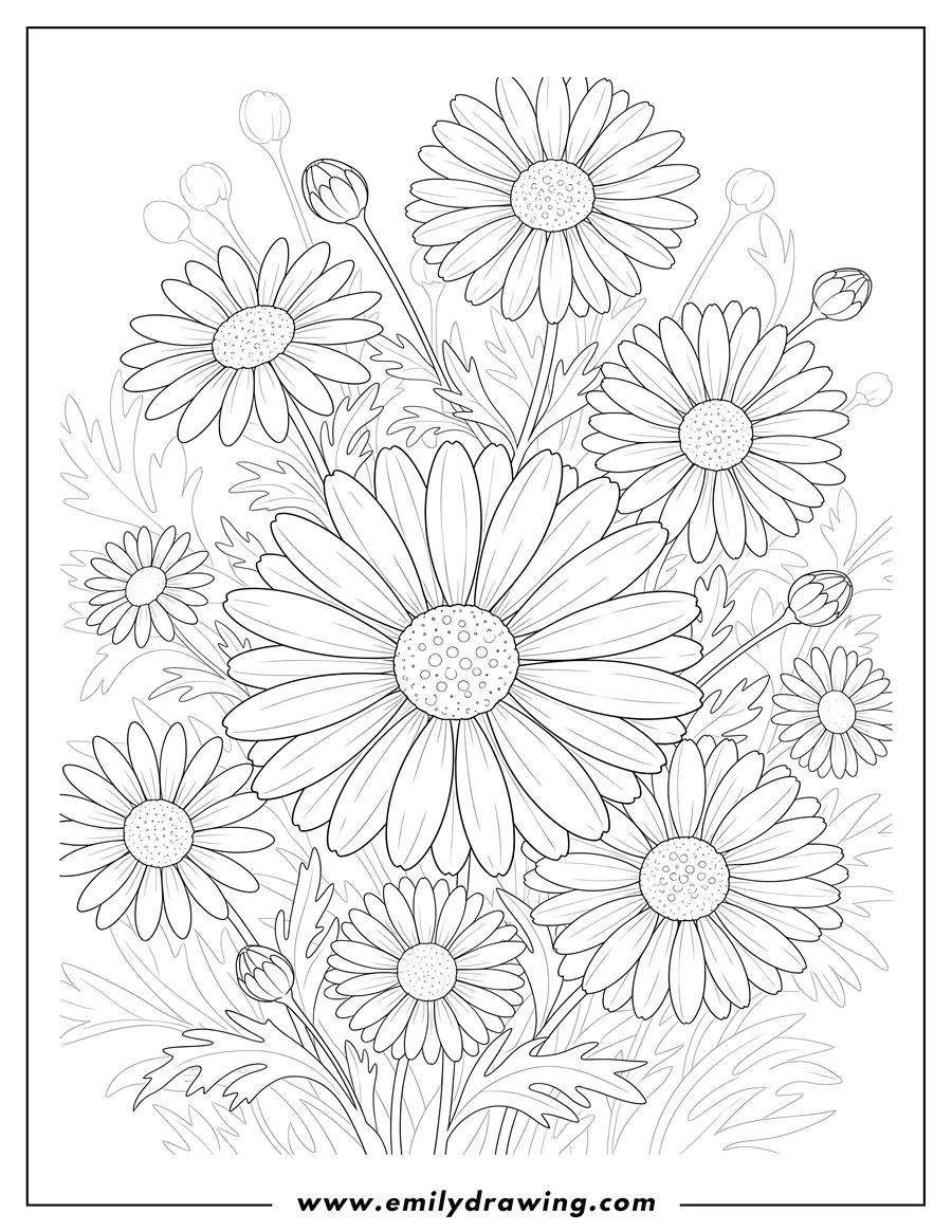 Printable coloring page of full Detailed Overlapping Daisies To Color