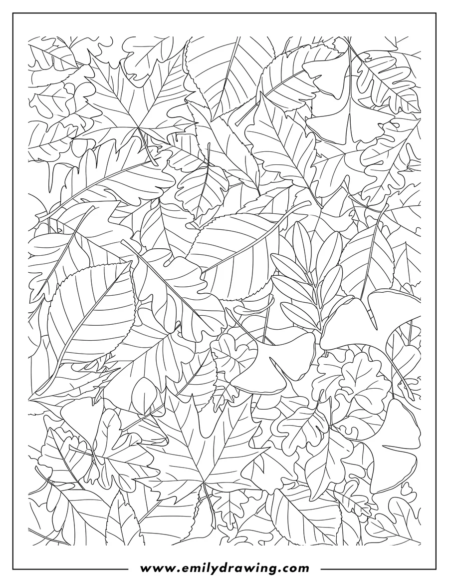 Coloring page for kids: full Fall Leaves, Overlapping, Various Shapes, To Color