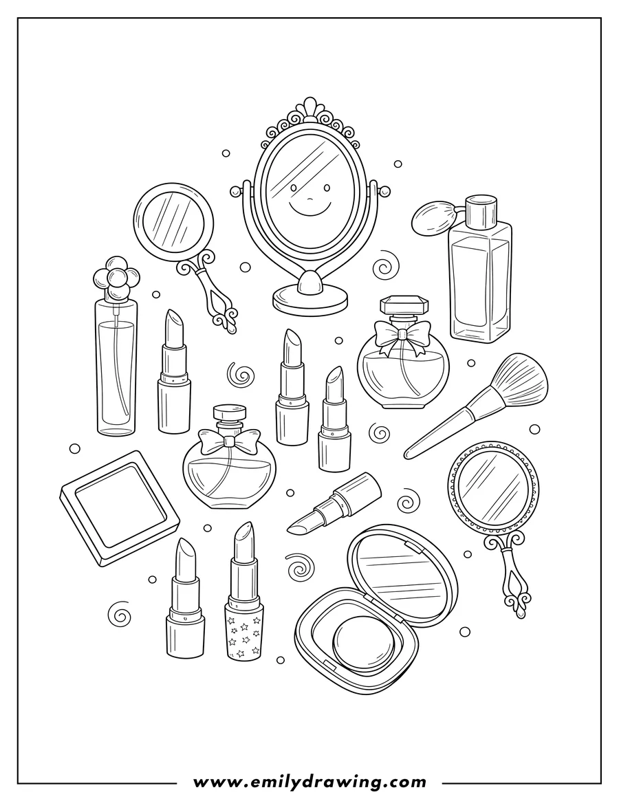 High quality printable full Flat Lay Various Make Up Items, in line art style, with perfume bottles, lipsticks, and mirrors for coloring