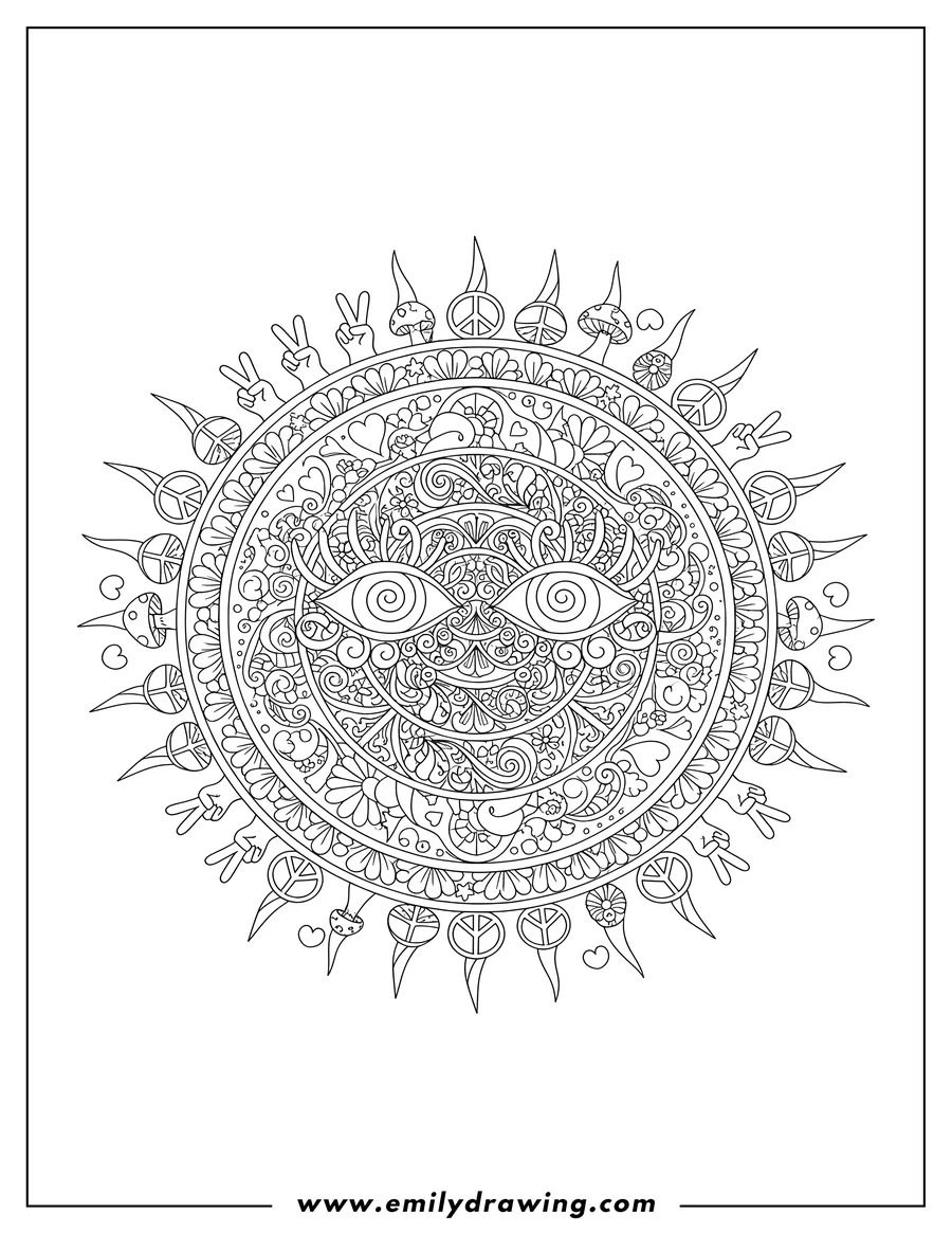 Printable coloring page of full Hippie Mandala with abstract eyes