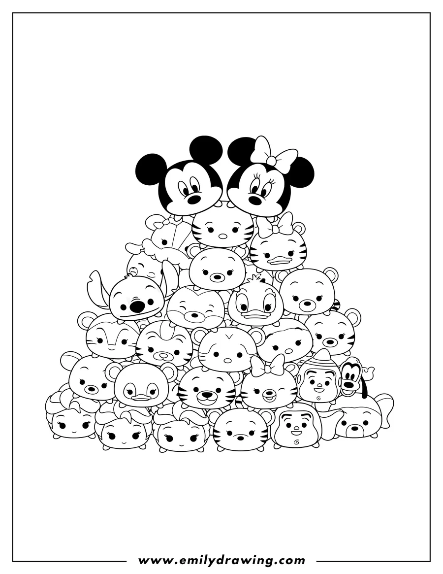 PDF style coloring page: full Mini Tsum Tsum Pile, Disney characters, coloring page