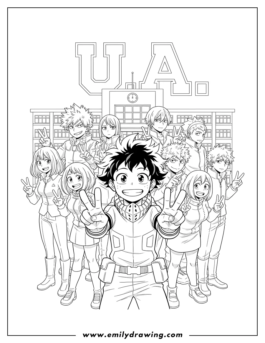 PDF style coloring page: full My Hero Academia Poster with Class 1-A heroes making peace signs