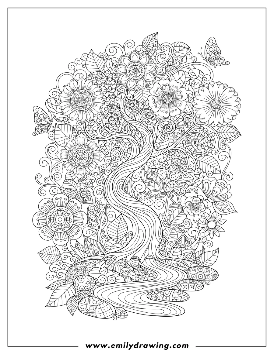 Downloadable coloring page of full Nature Zentangle featuring stylized flowers and organic shapes