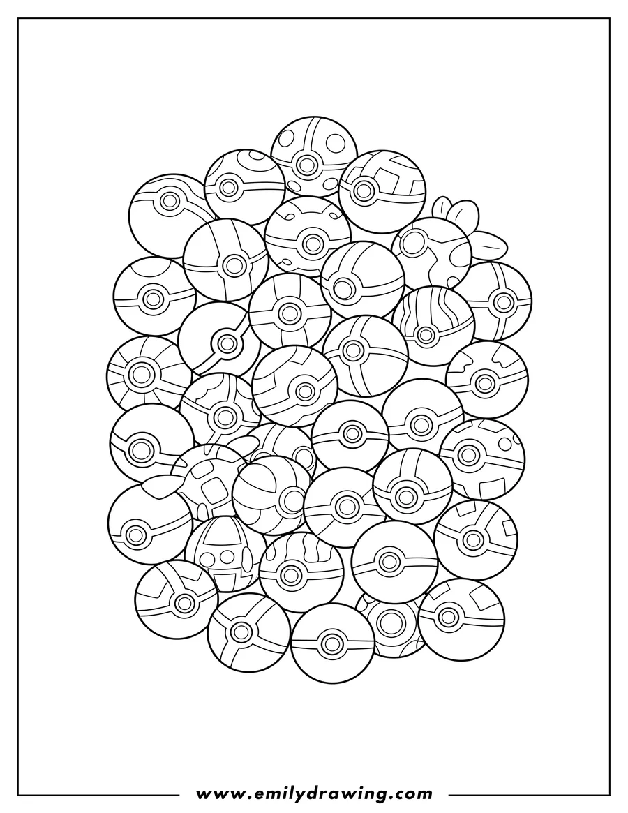 Printable coloring page of full Pokeballs Different Designs, line art, overlapping