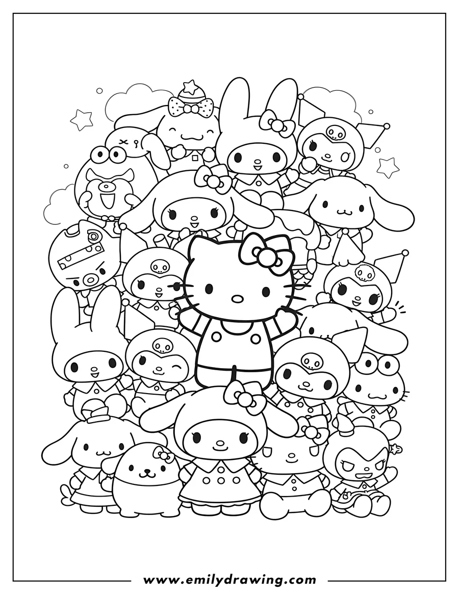 Black and white line art of full Sanrio Friends, a crowd of overlapping characters