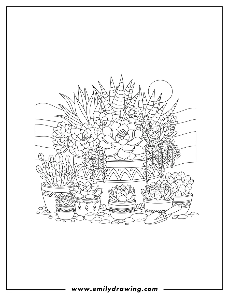 High quality printable full Succulent Variety, line art coloring page for coloring