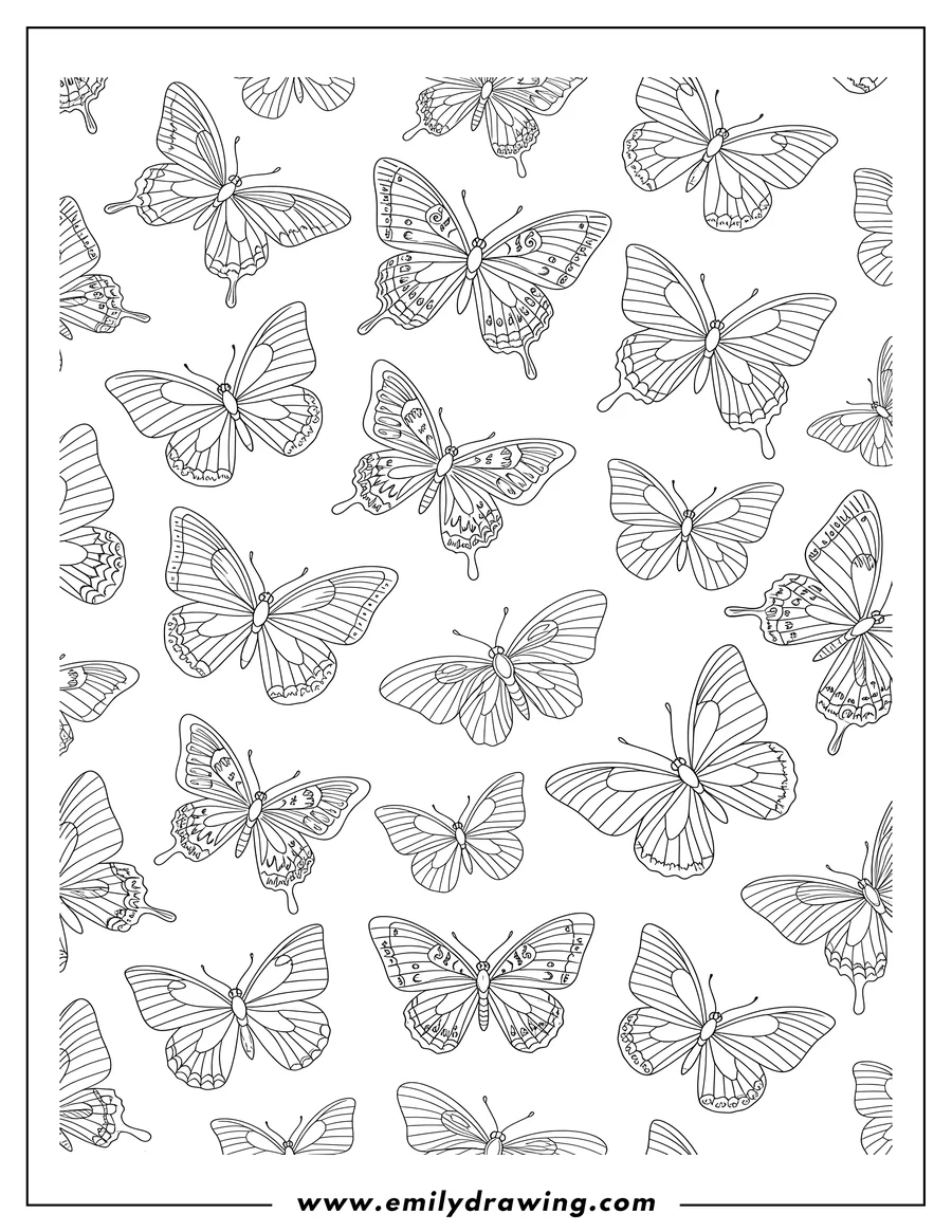 PDF style coloring page: full Vintage Butterflies, various types in an outline pattern
