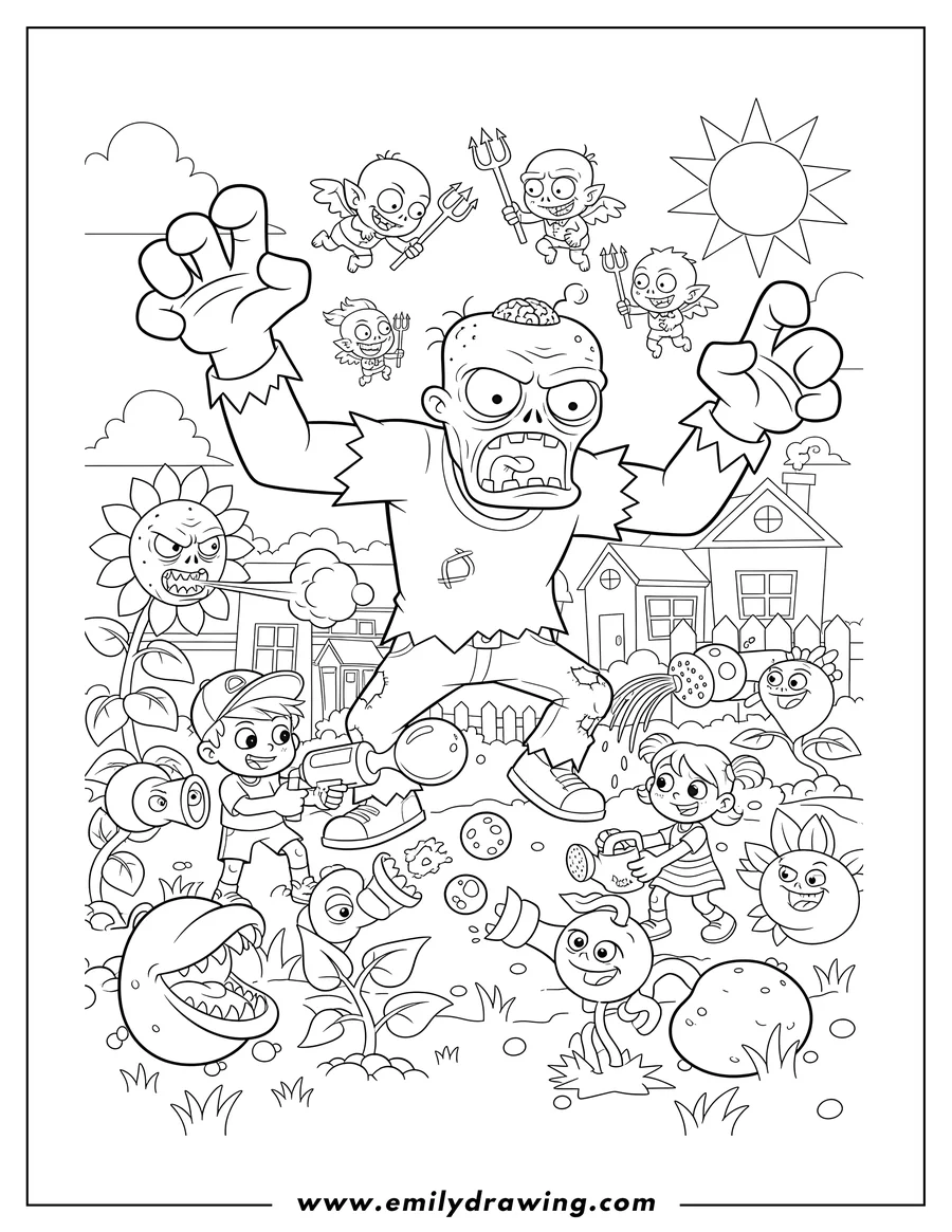 Free to print drawing of full Zombies Battling Plants, featuring a massive zombie, flying imp zombies, and kids defending with the plants