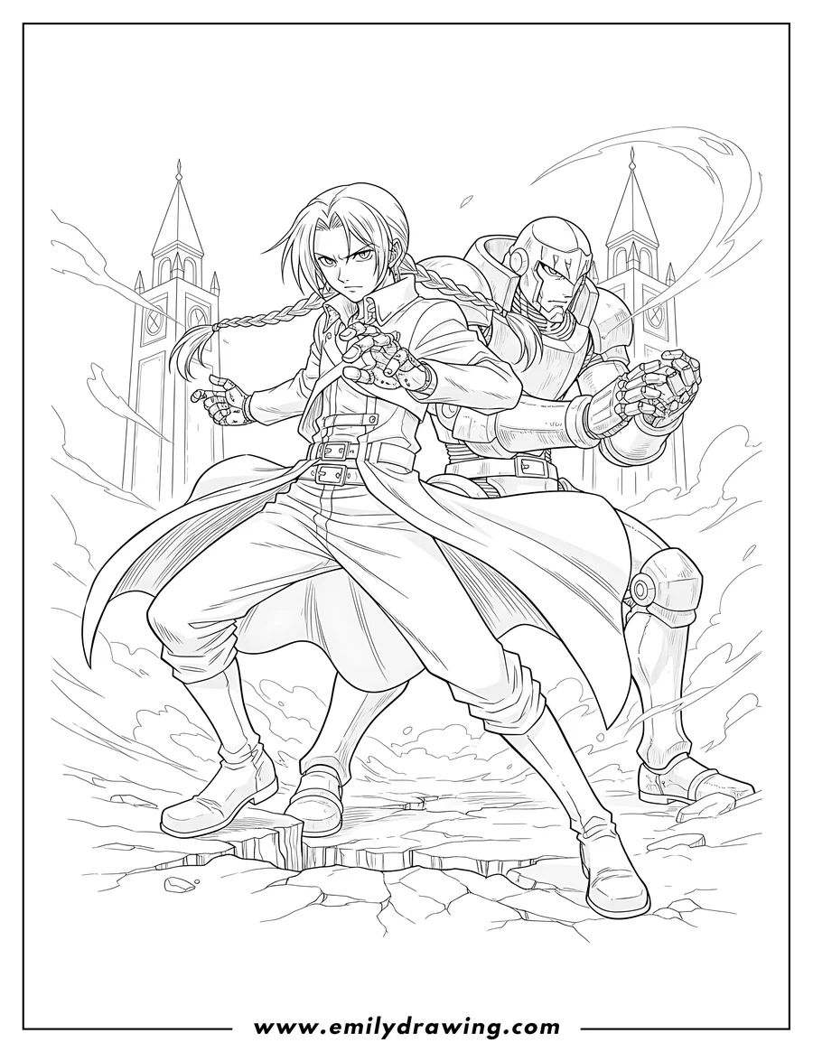 High quality printable detailed Fullmetal Alchemist Anime: Edward and Alphonse Elric in action for coloring