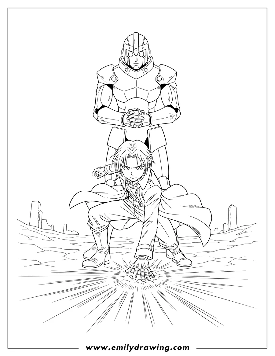 High quality printable fullmetal Alchemist Edward and Alphonse Elric, with Edward performing alchemy and Alphonse standing behind him for coloring