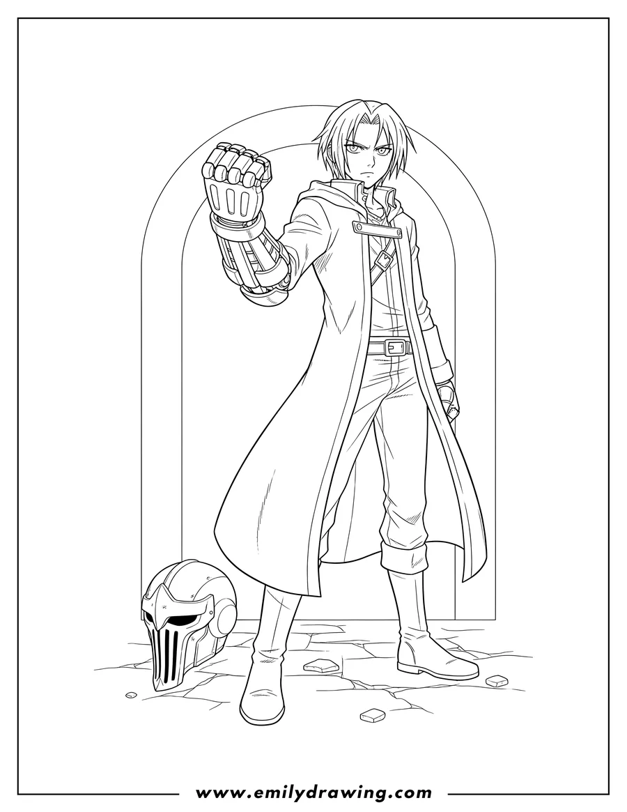 Printable coloring page of fullmetal Alchemist Edward Elric with his automail fist and Alphonse's helmet