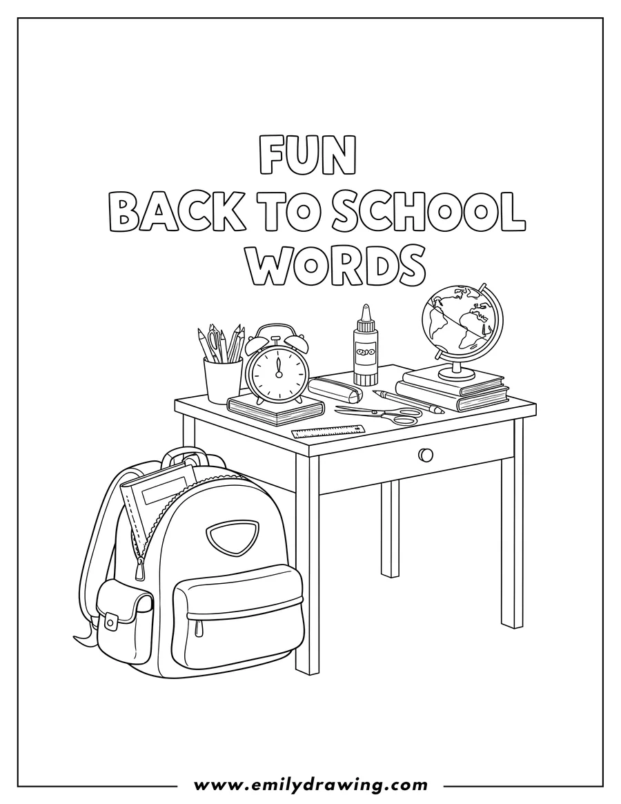 Full page coloring image of fun Back To School Words With Teacher S Desk, featuring a prominent backpack, alarm clock, and school supplies