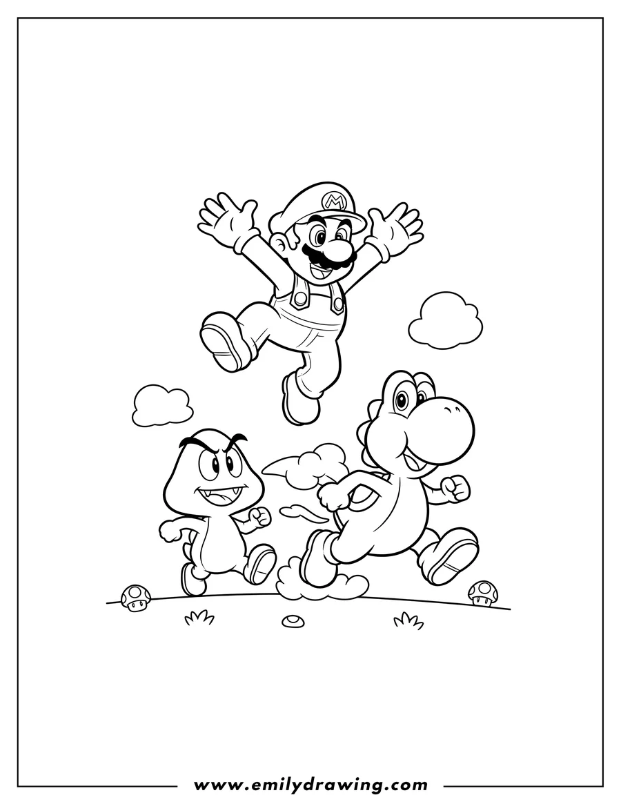 PDF style coloring page: fun Goomba Mario And Yoshi, as Mario jumps while Yoshi runs below him