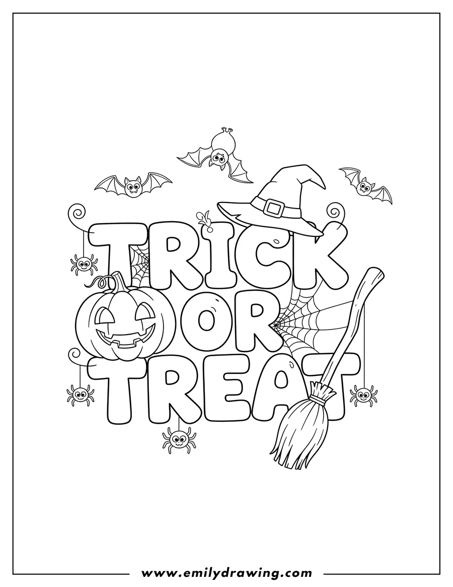 Linear illustration of fun Halloween 'Trick Or Treat' words decorated with a pumpkin, spiders, bats, spiderwebs, witch's hat, and broom