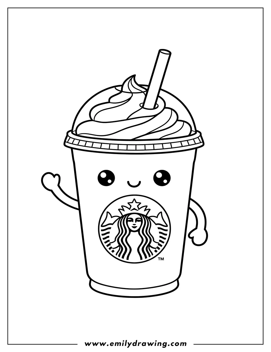 Free to print drawing of fun Kawaii Starbucks Frappe with a cute face, small arms, and Starbucks logo on the cup