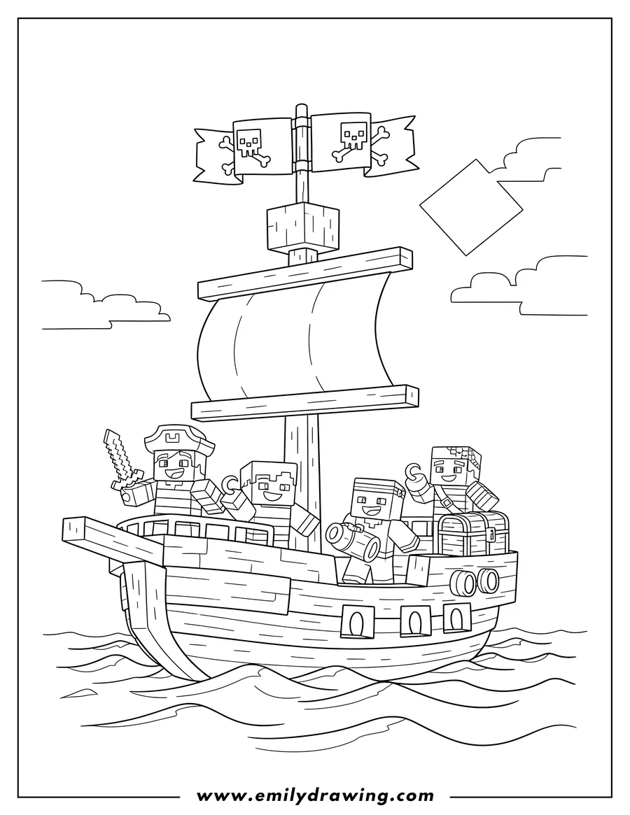 High quality printable fun Minecraft Pirate Ship with blocky pirates and skull flags for coloring