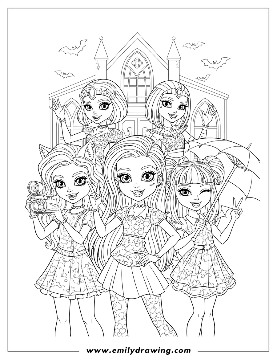 Black and white line art of fun Monster High Poster of smiling students posing, one holding a camera