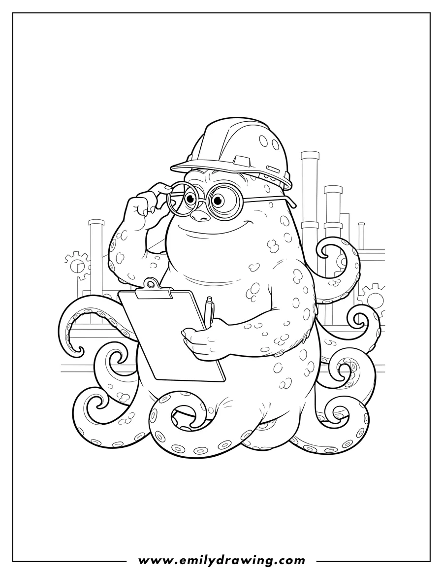 Simple sketch of fungus from Monsters Inc wearing a hard hat and glasses, holding a clipboard and adjusting his glasses to color