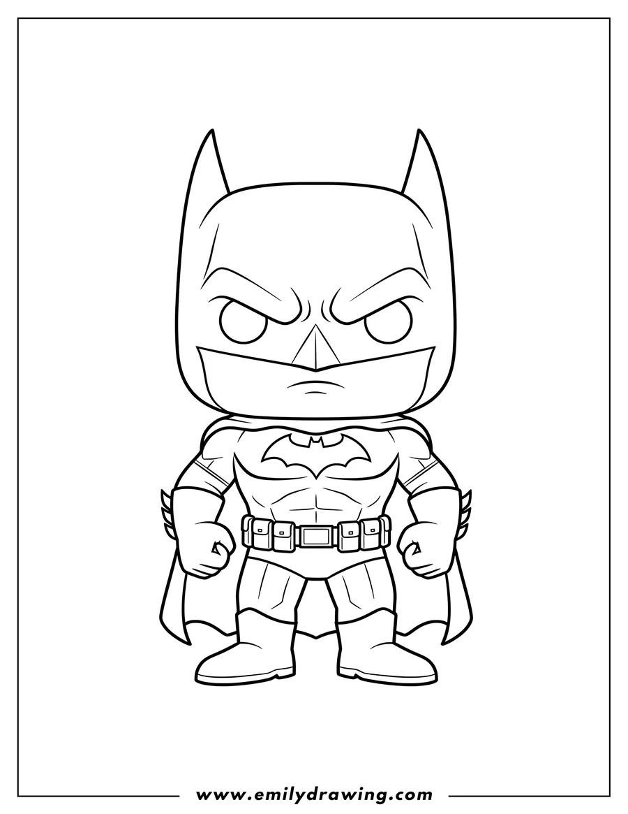 Downloadable coloring page of funko Pop Batman standing with fists clenched and a serious expression