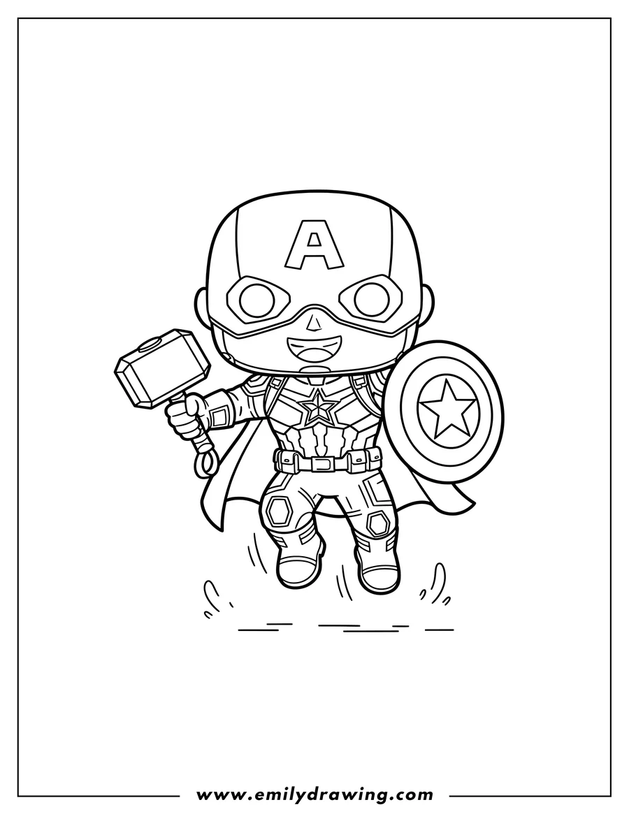Linear illustration of funko Pop Captain America running, holding Mjolnir and shield, mid-leap