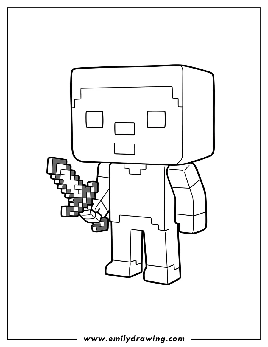 Outline drawing of funko Pop Minecraft Steve Scaled, standing and holding a sword
