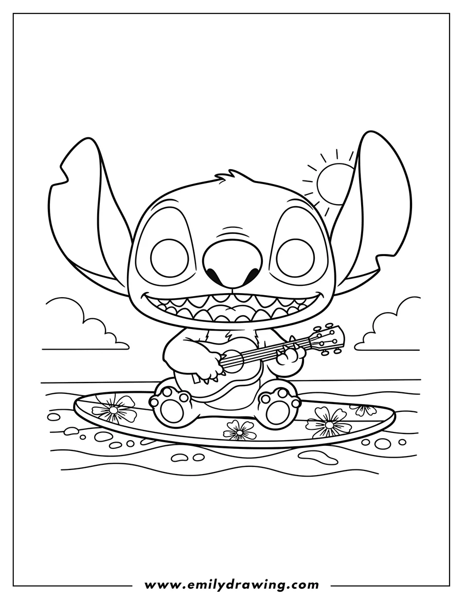 Doodle style coloring picture of funko Pop Stitch playing ukulele on a surfboard, smiling