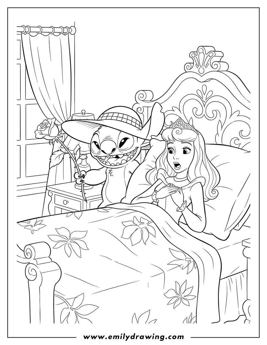 Printable line art of funny Stitch wearing a hat and holding a rose, scaring Princess Aurora in bed who looks surprised