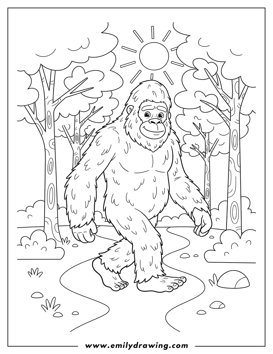Printable coloring page of furry Bigfoot walking in a forest
