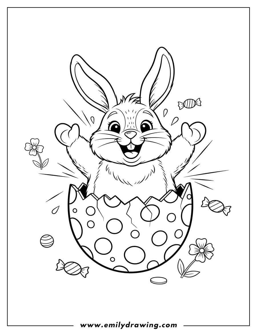 Coloring page of furry Bunny, smiling with arms up, hatching from a polka-dotted Easter Egg