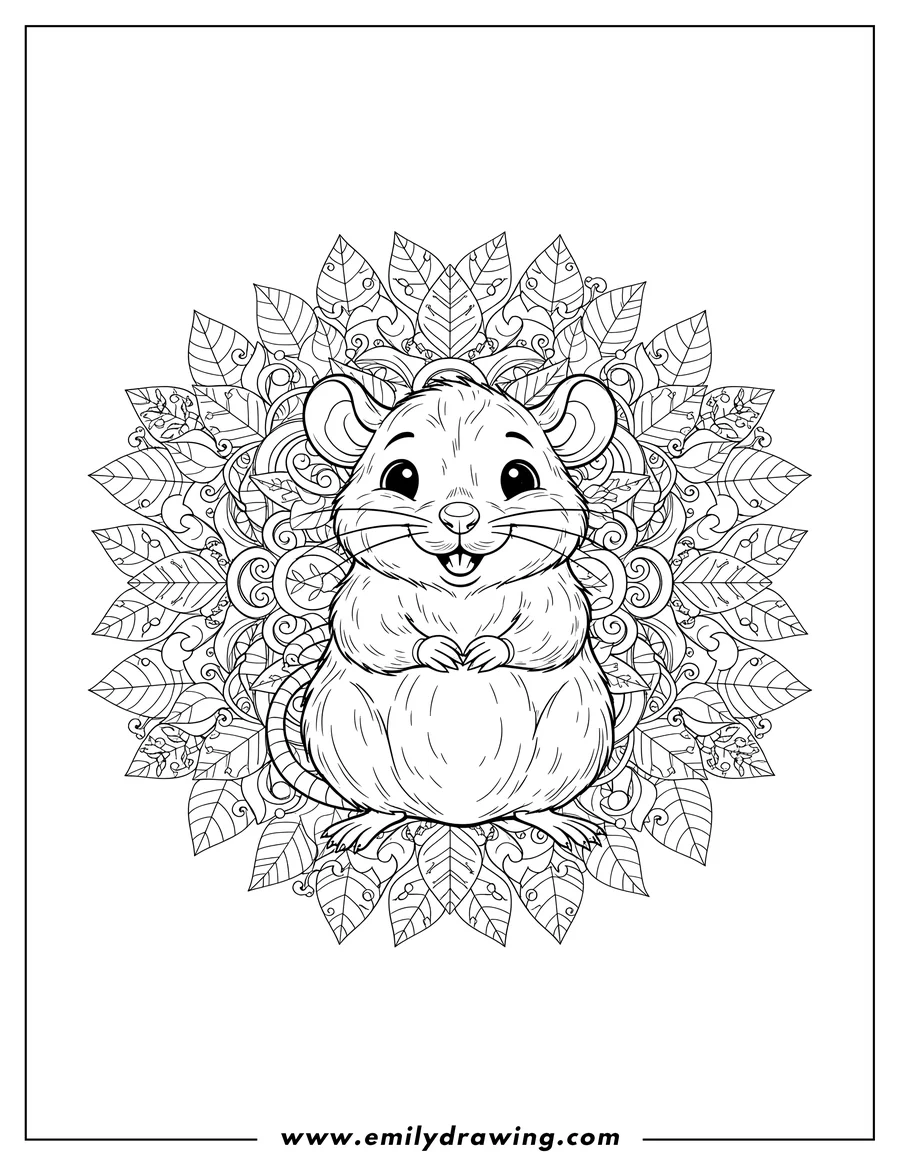Full page coloring image of cute furry rat with a happy expression sitting in the center of a leafy mandala design