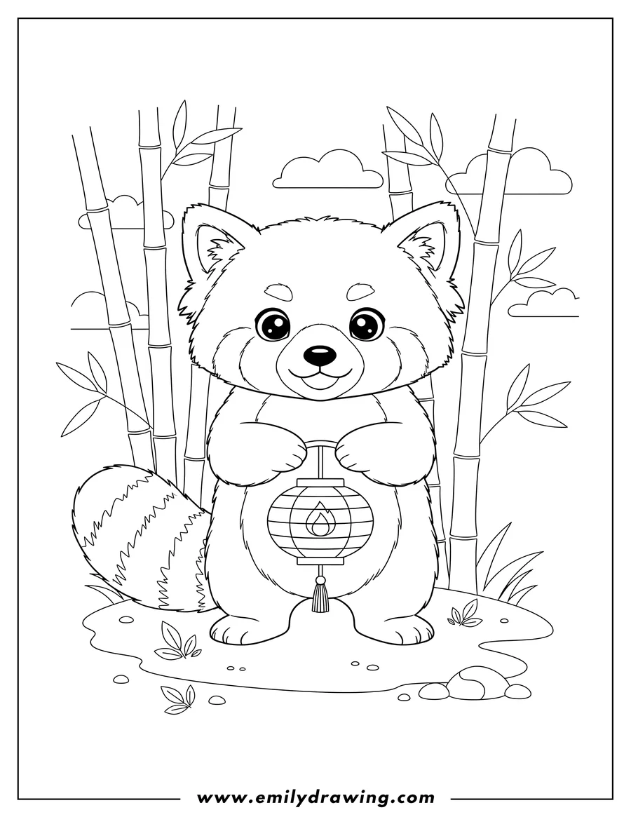 Doodle style coloring picture of furry Red Panda standing, holding a lantern, and looking forward in a bamboo forest