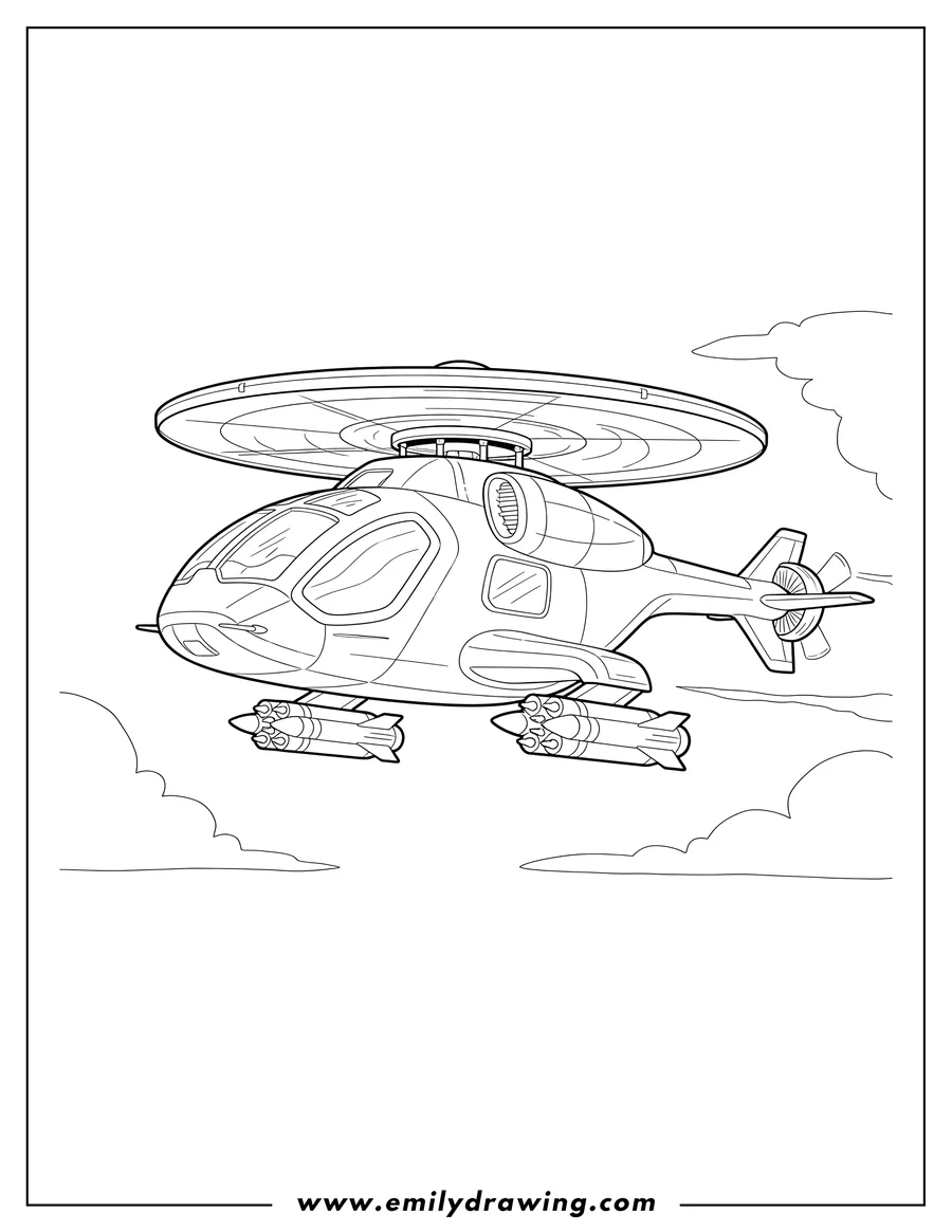 Free to print drawing of futuristic Concept Helicopter Model To Color Scaled, flying with a prominent disc rotor and weapon pods
