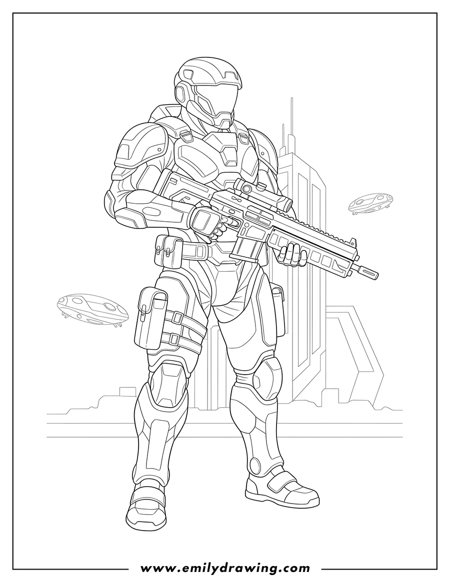 High quality printable futuristic Soldier Outline, standing, holding a rifle for coloring