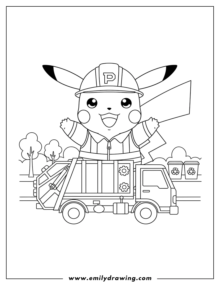 Vector style outline of garbage Collector Pikachu wearing a hard hat and uniform, smiling while standing in front of a garbage truck
