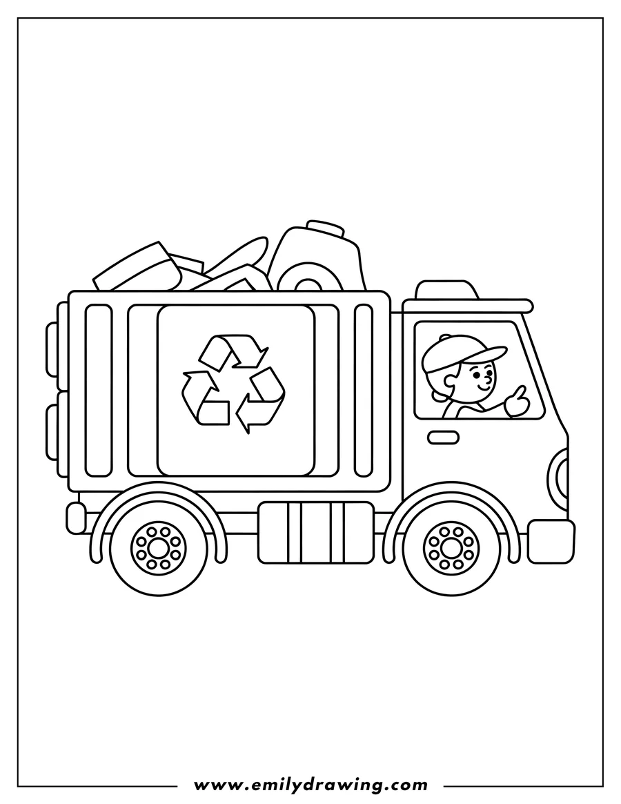Outline of a garbage truck with a recycling symbol on its side and a child driving.