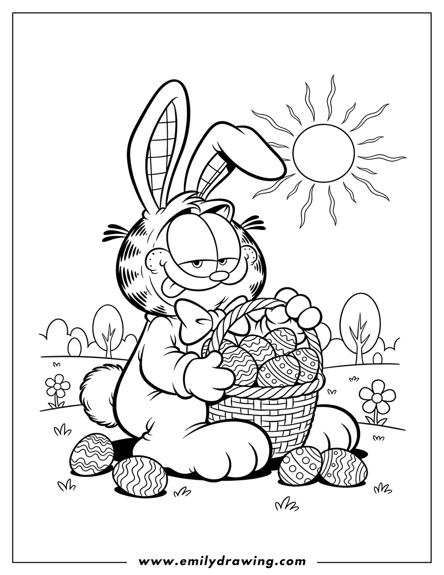 Free printable coloring sheet of garfield sitting in an Easter bunny costume with his tongue out and a basket of Easter eggs