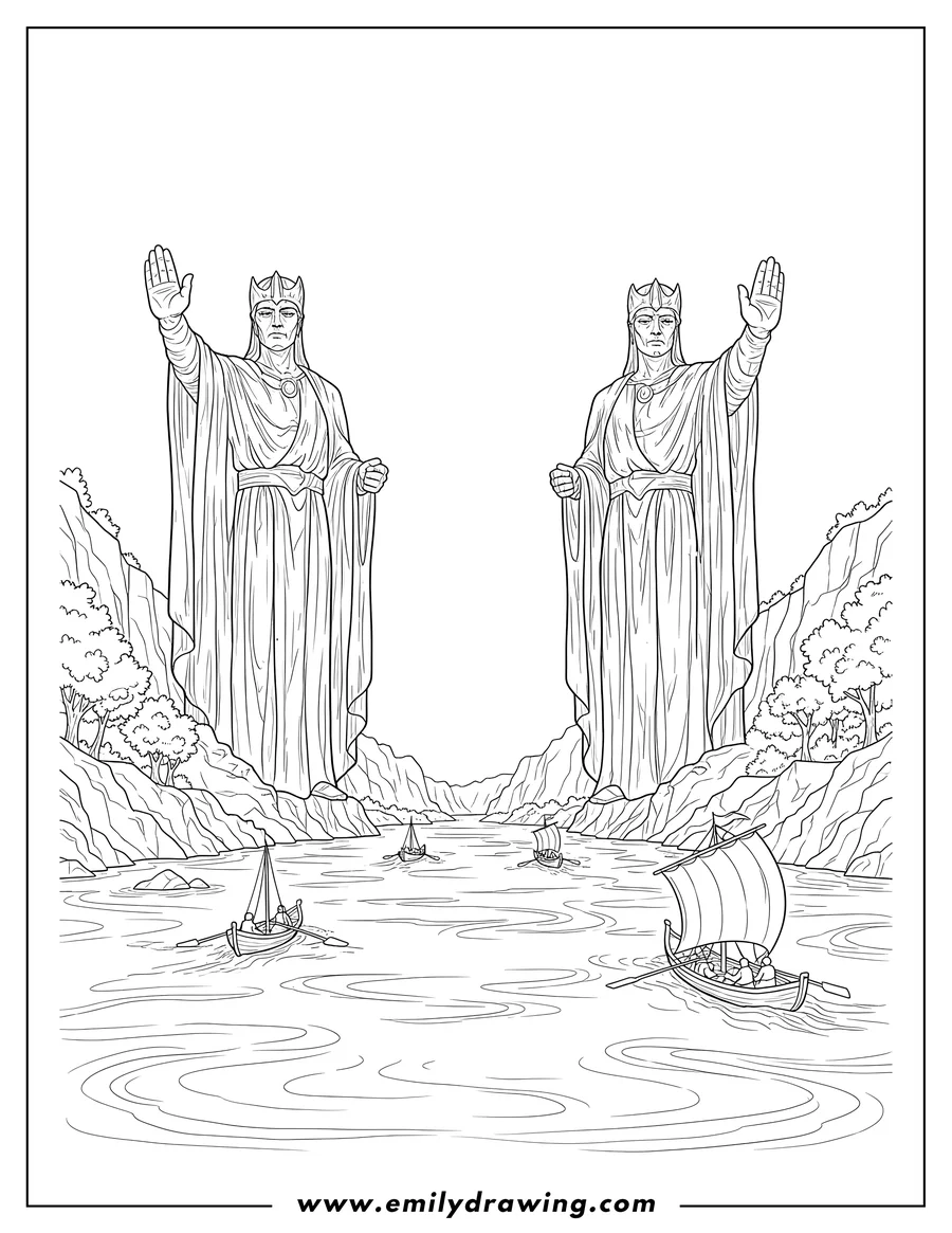Coloring page for kids: lord Rings Gates Argonath, two giant statues with raised hands, and small boats passing