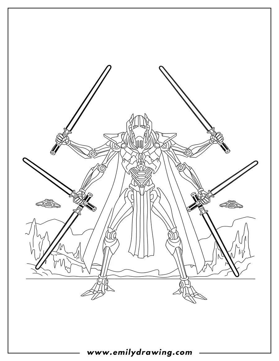 Free to print drawing of star Wars Battlefront Ii, General Grievous holding four lightsabers