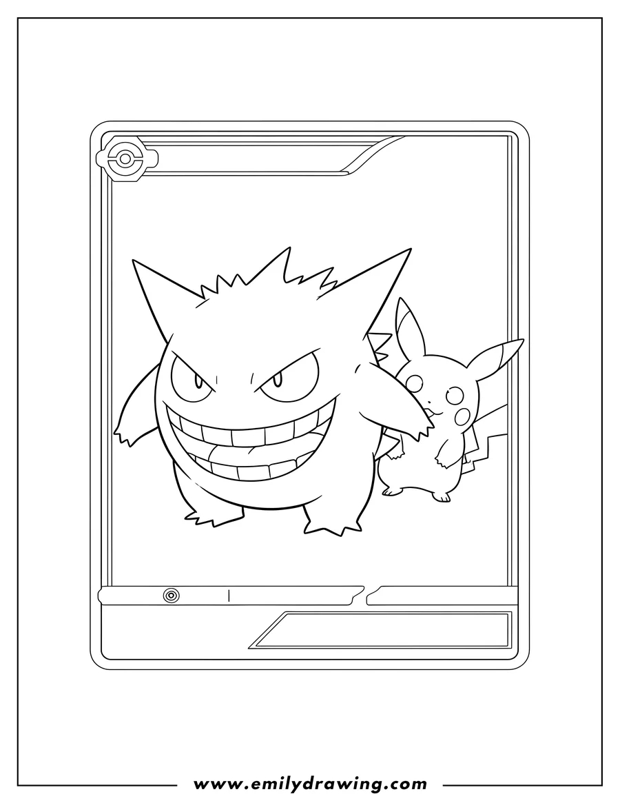 Coloring page for kids: gengar and Mimikyu Poltergeist Pokemon card, showing Gengar with a big grin and Mimikyu by its side
