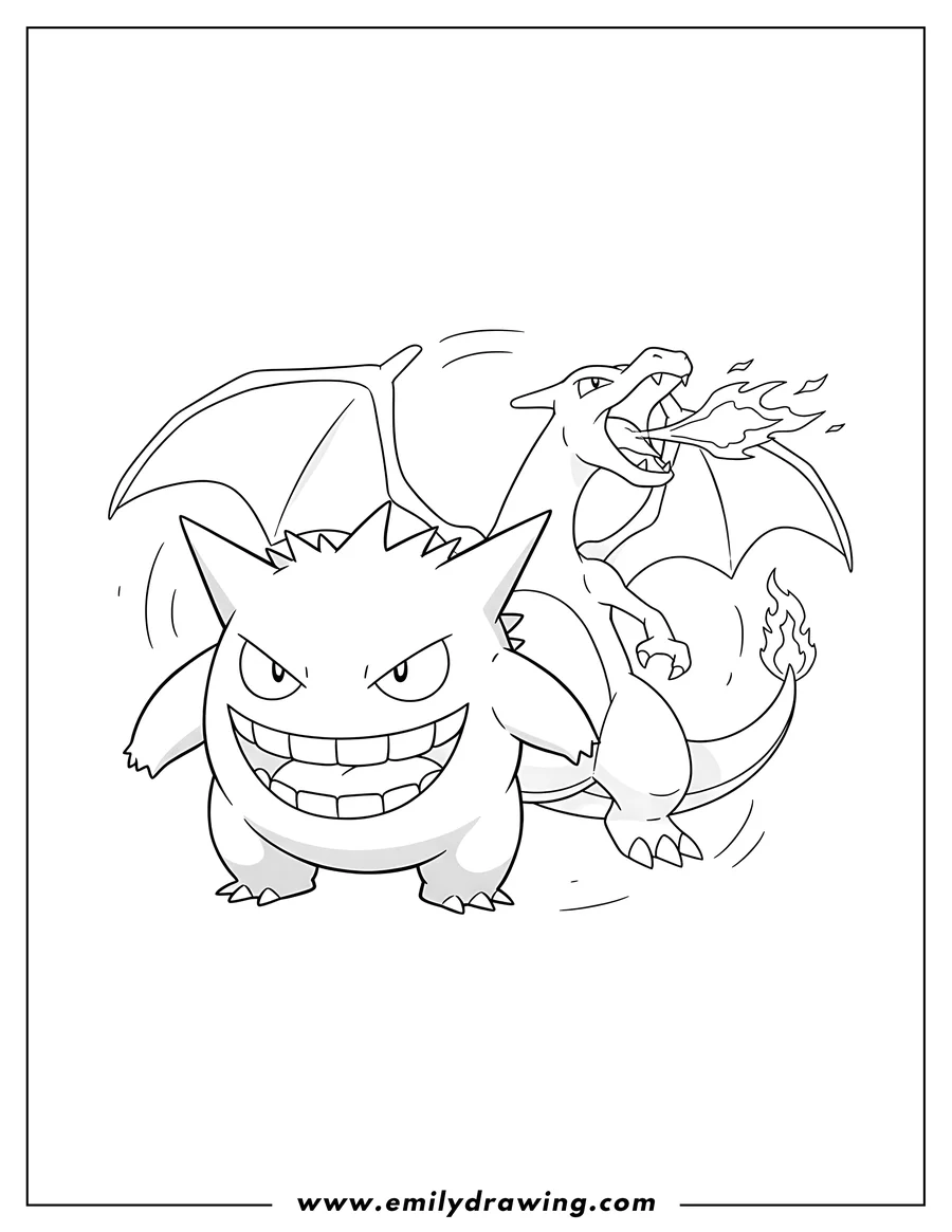 Coloring sheet featuring gengar with a big grin and a roaring Charizard
