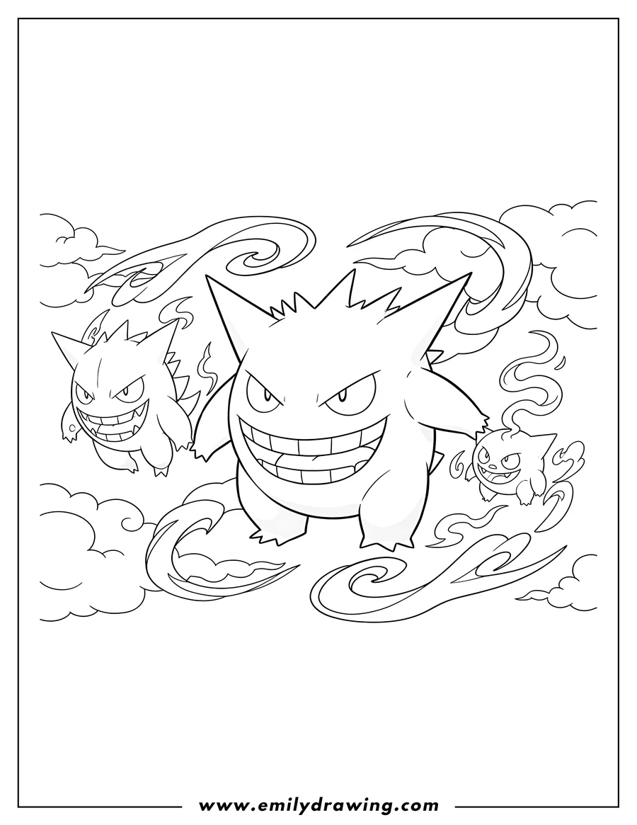 Full page coloring image of gengar Evolution Pokemon Poster with Haunter and Gastly