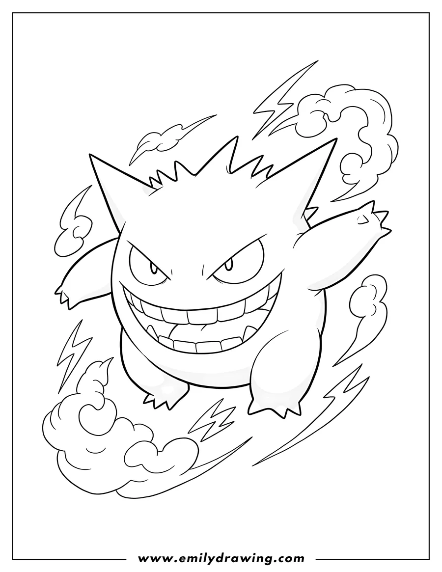 Printable line art of gengar Shadow Skip Pokemon Card, showing Gengar with a wide grin and sharp eyes, floating in action