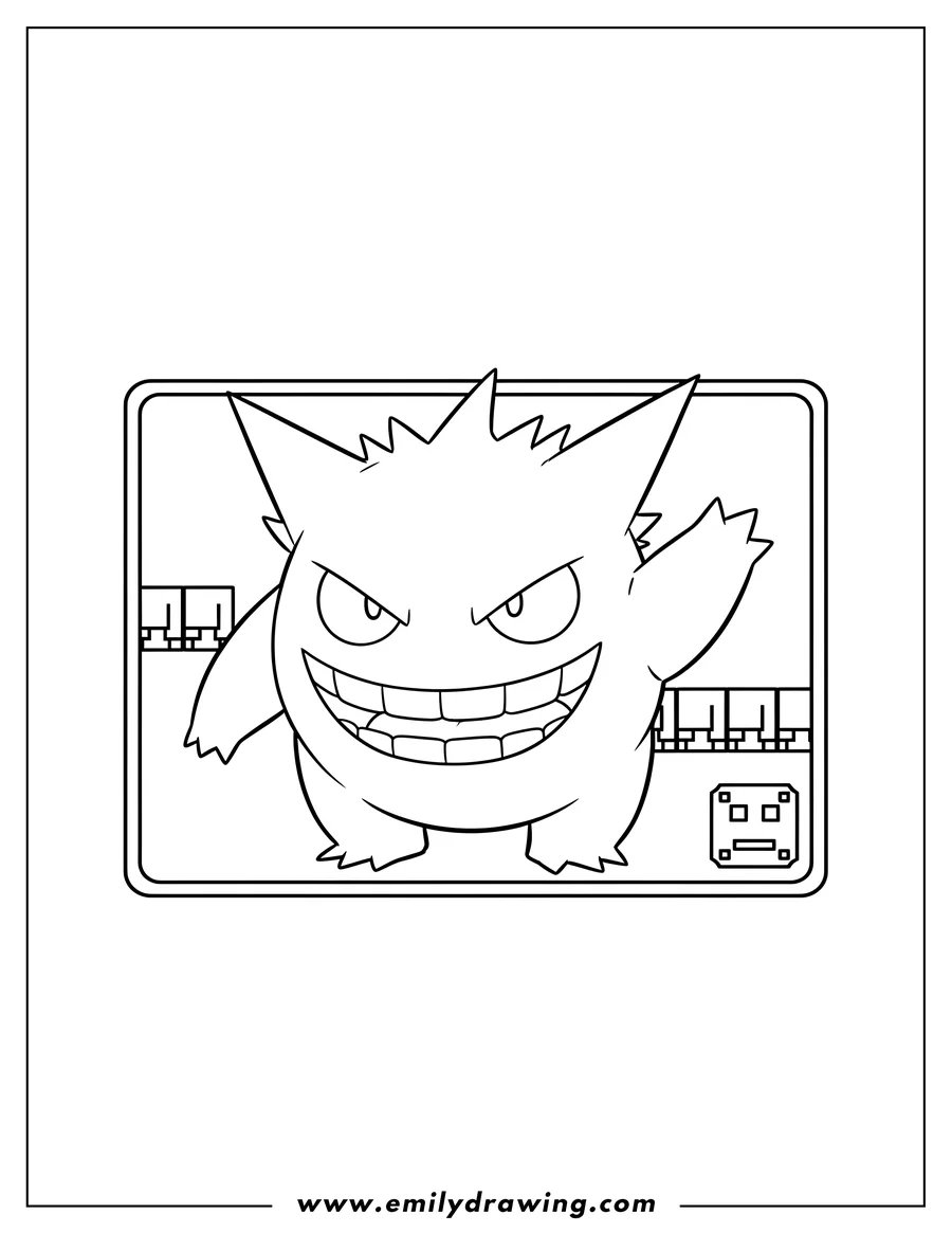 Outline drawing of gengar with a mischievous grin and one arm raised, in a video game