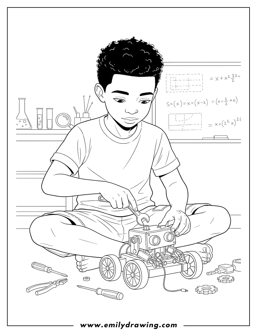 Coloring sheet featuring genius Black Boy building a wheeled robot