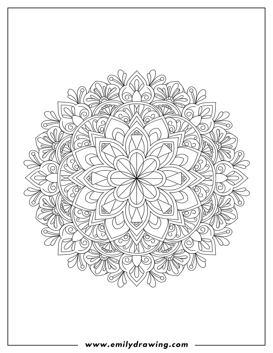 Vector style outline of geometric Flower Pattern, intricate symmetrical mandala, coloring page