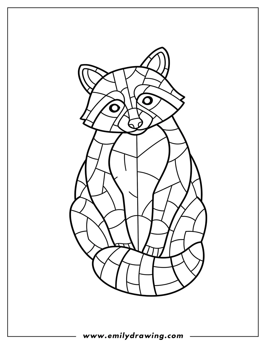 Printable line art of geometric Raccoon Stained Class, sitting, with its tail curled