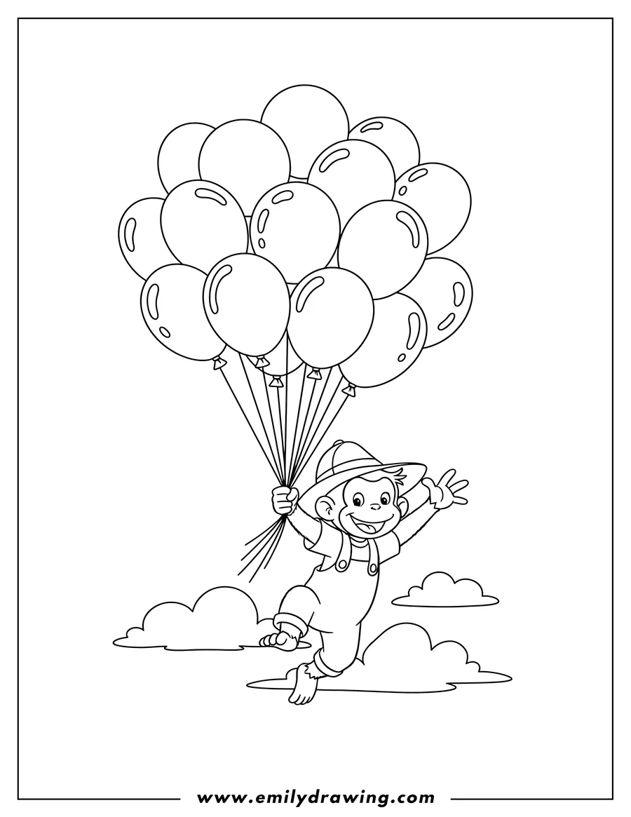 PDF style coloring page: curious George floating happily while holding a bunch of balloons and sticking his tongue out